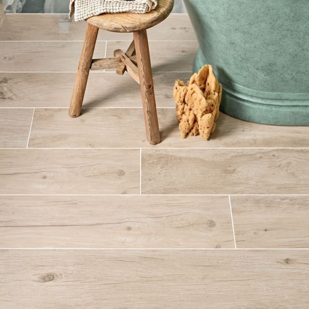 Close up lifestyle image of Ca Pietra Carpenter Limewashed Porcelain Tiles